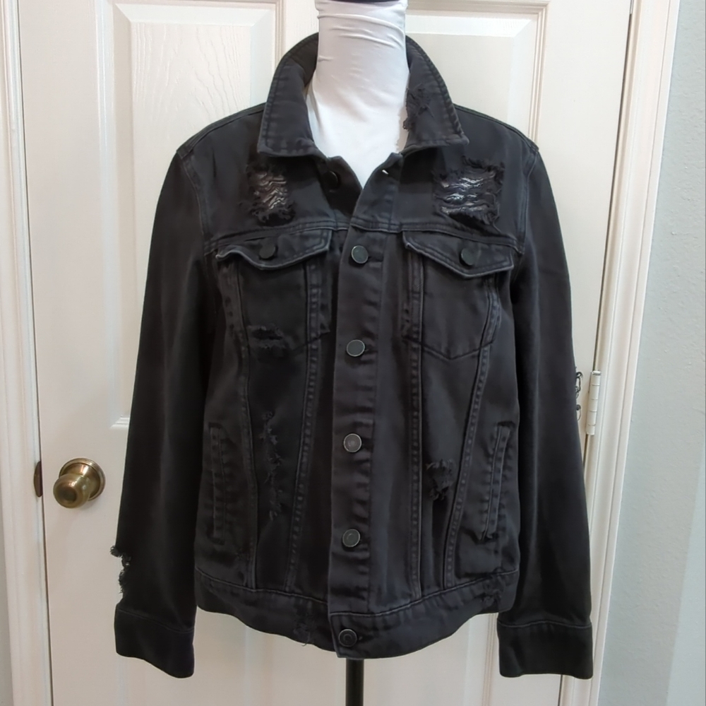Refuge Distressed Black Cotton Jean Denim Jacket Medium
